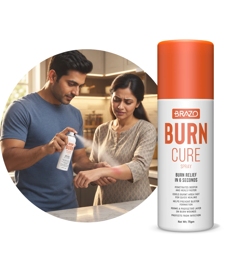 A man spraying BRAZO Burn Cure on a woman’s forearm in a kitchen, beside a Burn Cure spray can