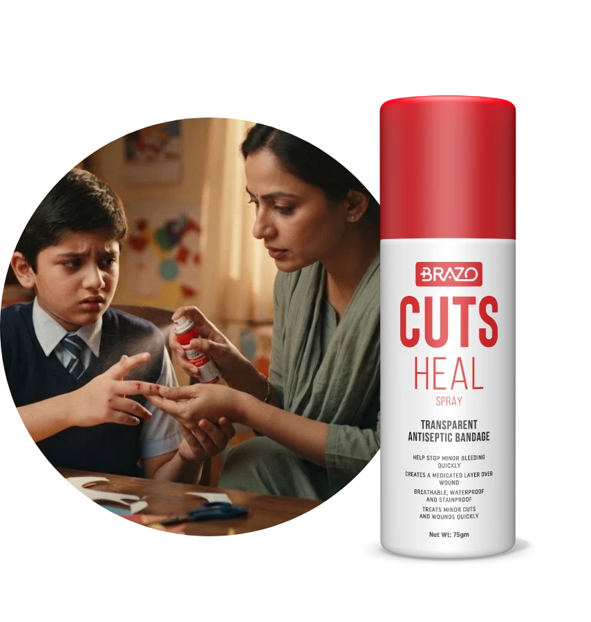 A mother spraying BRAZO Cuts Heal on her son’s finger, beside a Cuts Heal spray can