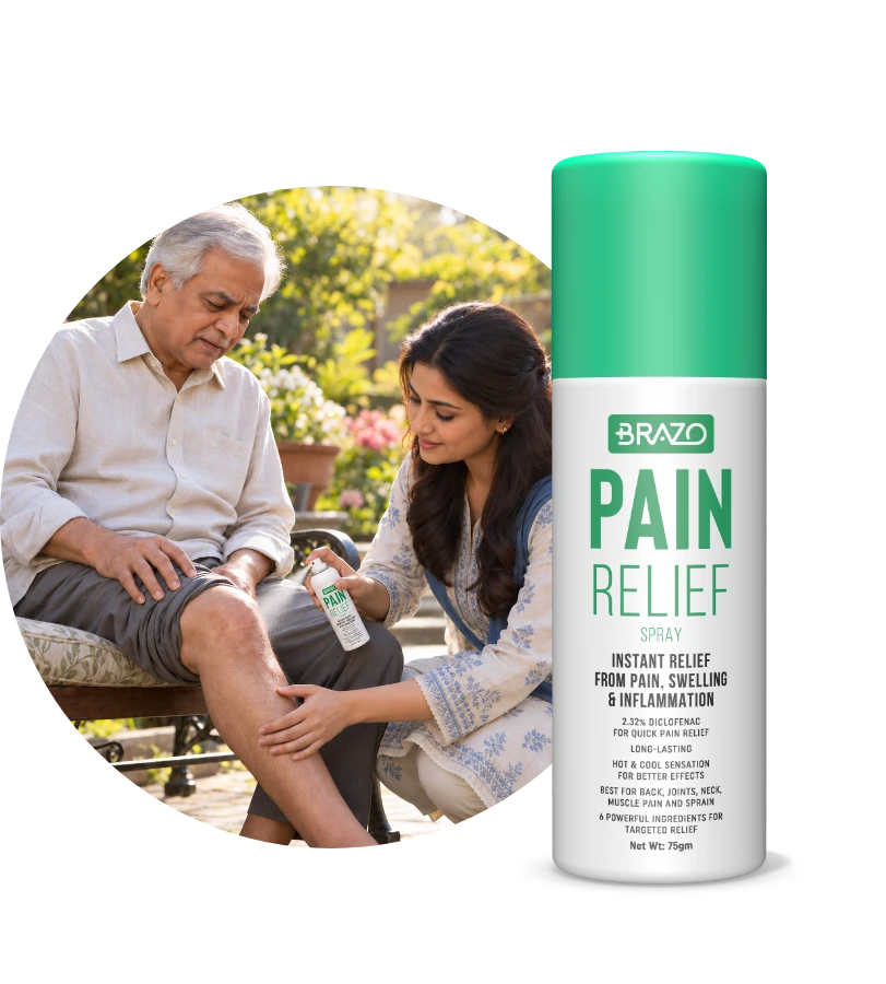 A young woman spraying BRAZO Pain Relief on an older man’s knee in a garden, beside a Pain Relief spray can